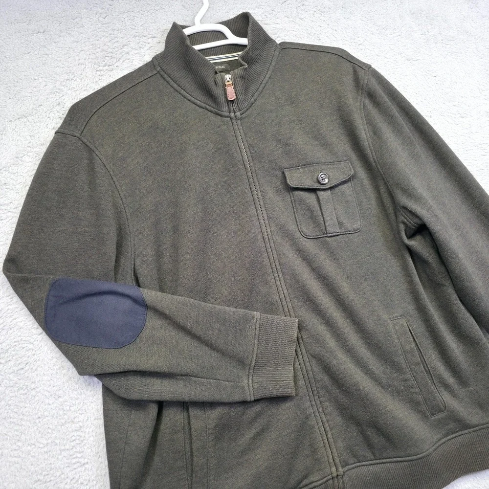 Banana Republic Cardigan Mens 2XL Green Full Zip Elbow Patch Utility Bomber Moto